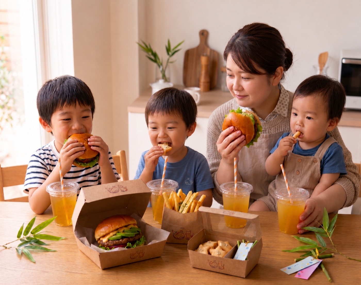 バーガーを囲む家族